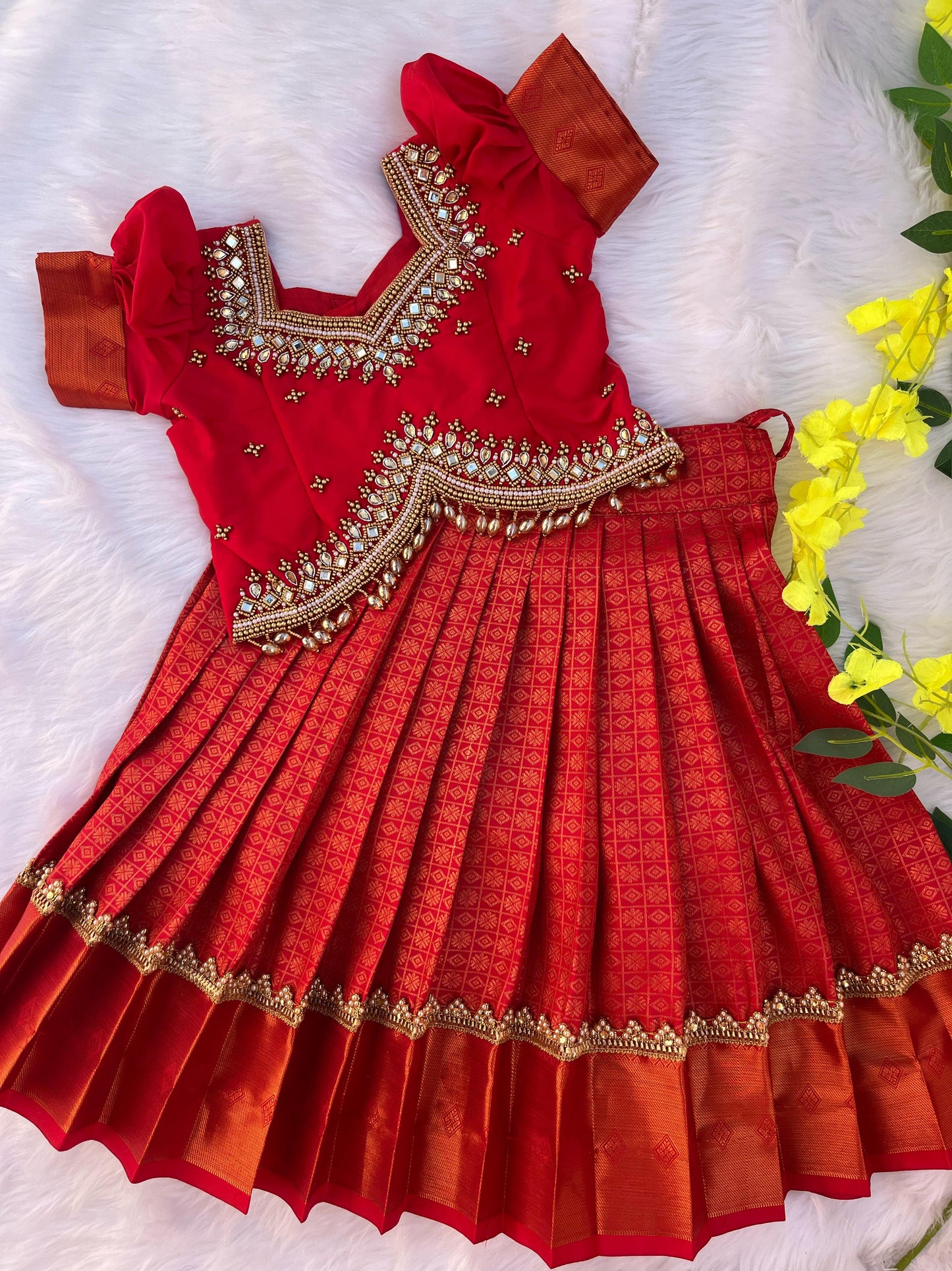 Elegant Red Kanchipuram Silk Lehenga for Girls