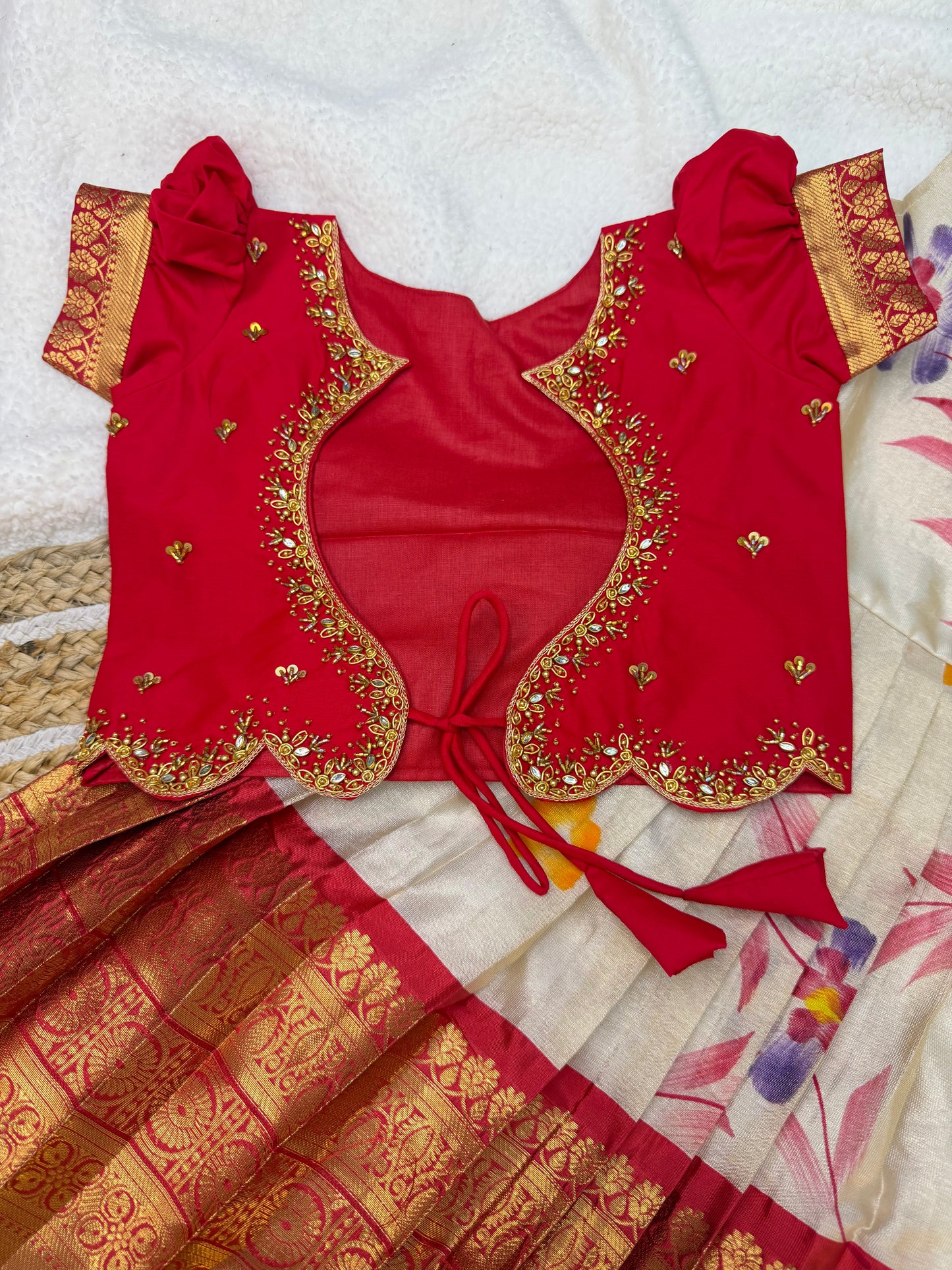 Elegant Red Embroidered Blouse with Tissue Silk