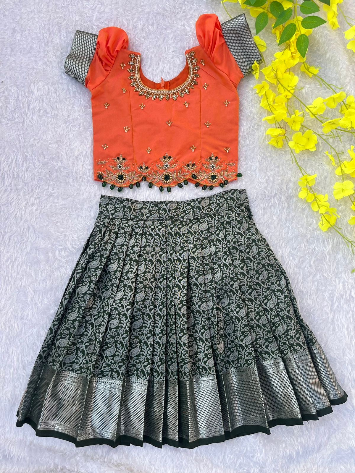 Coral and Dark Grey Embellished Kids Lehenga Dress πΈ