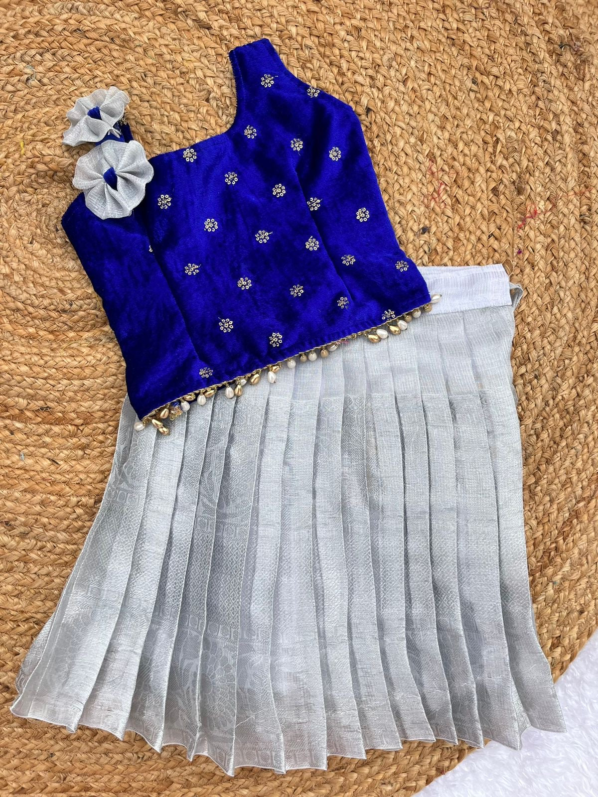 Stunning Blue Silver Lehenga Set for Girls - Main Image