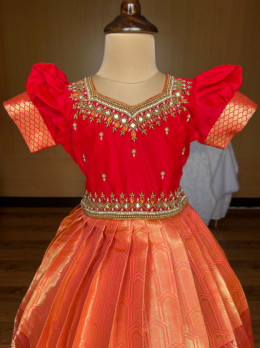 Orange and RedTraditional Lehenga with Aari Work