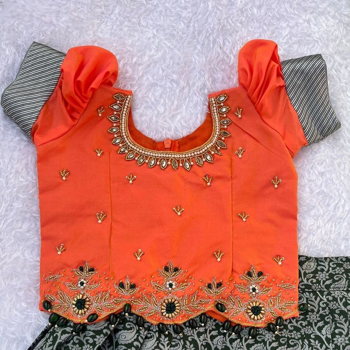 Coral and Dark Grey Embellished Kids Lehenga Dress πΈ