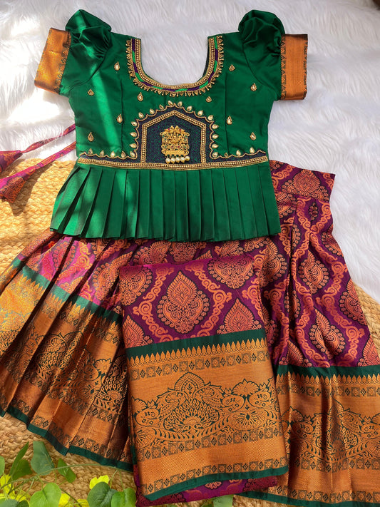 Green Aari Work Top and purple Skirt: A Stylish Fusion