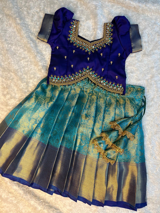 Blue Work: Premium Aari Work Pattu Lehenga