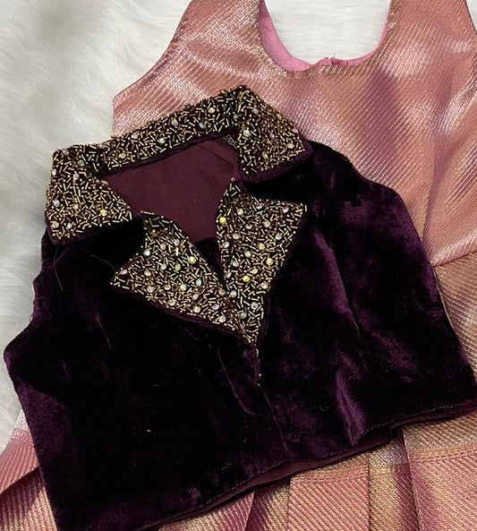 Elegant Pink Semi-Silk Frock with Velvet Overcoat