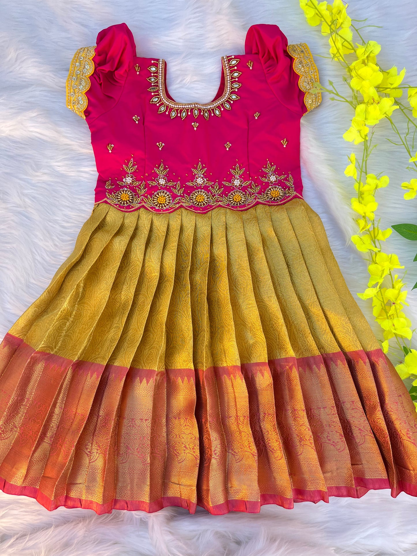 Pink & Gold Semi-Silk Pattu Pavadai
