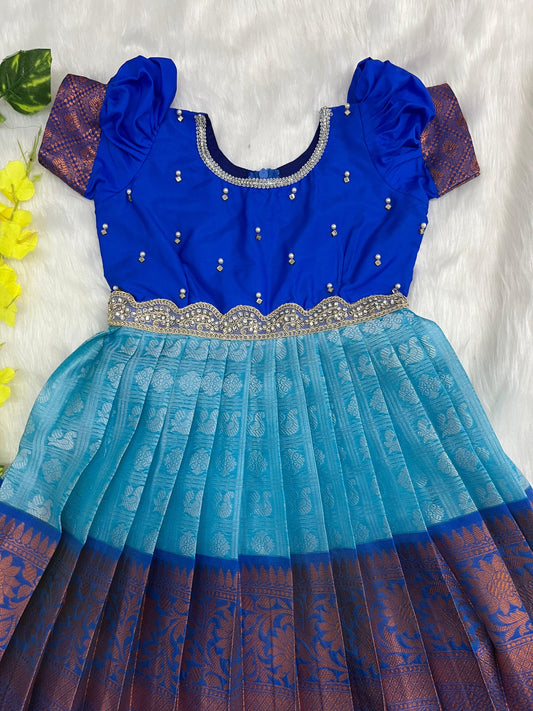 Blue Pattu Frock - Semi Silk