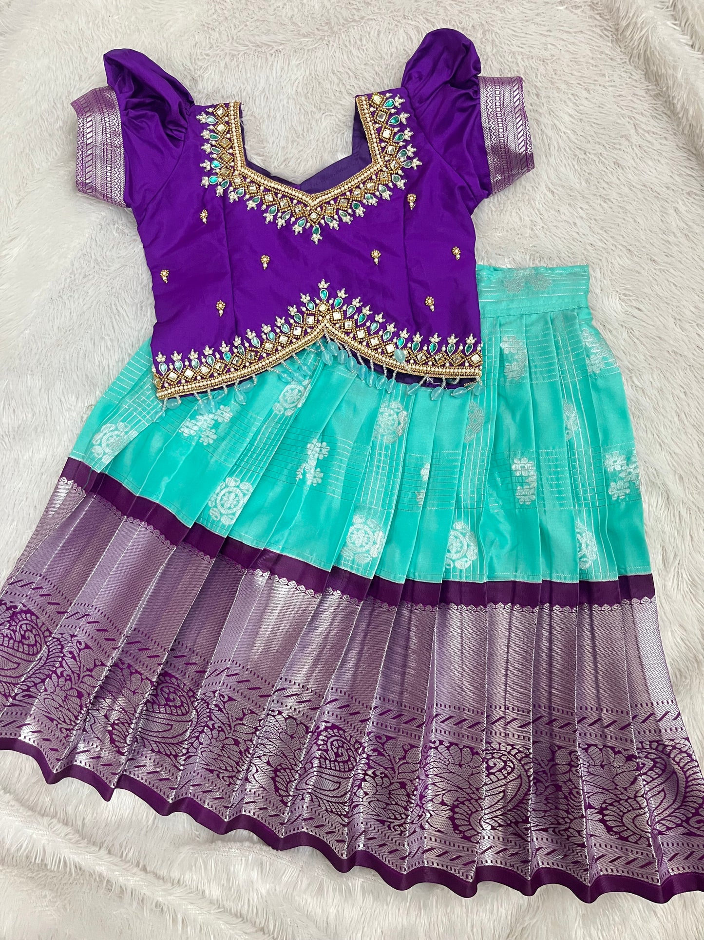 Teal Hand Work: Premium Aari Work Pattu Lehenga