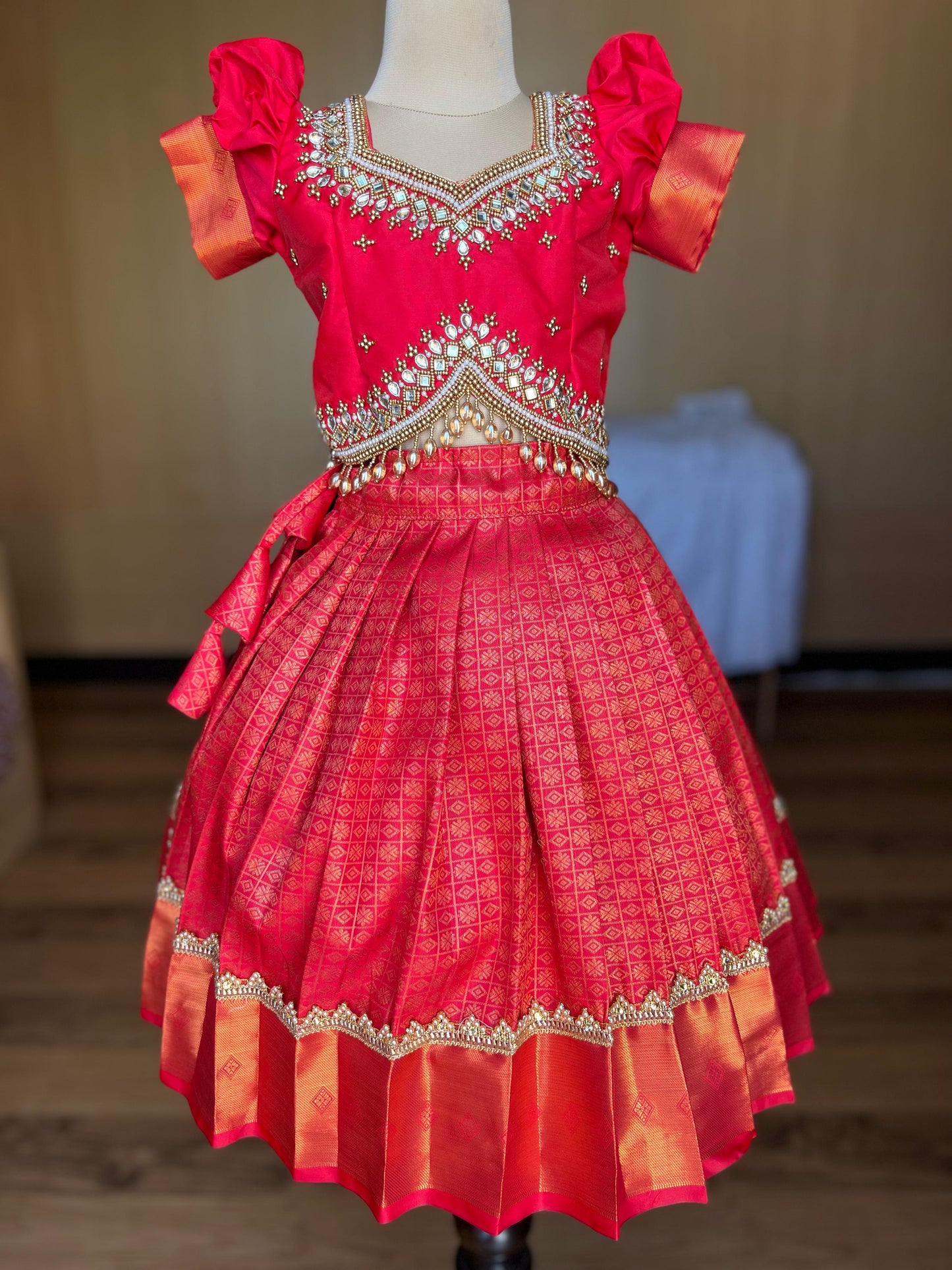 Elegant Red Kanchipuram Silk Lehenga for Girls