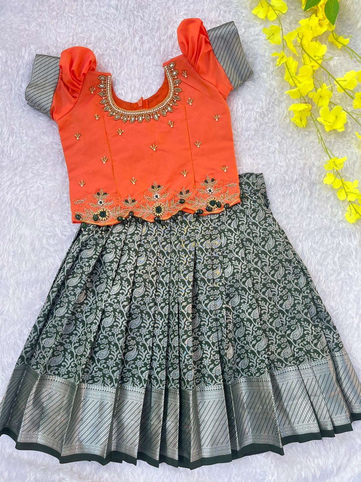 Coral and Dark Grey Embellished Kids Lehenga Dress πΈ