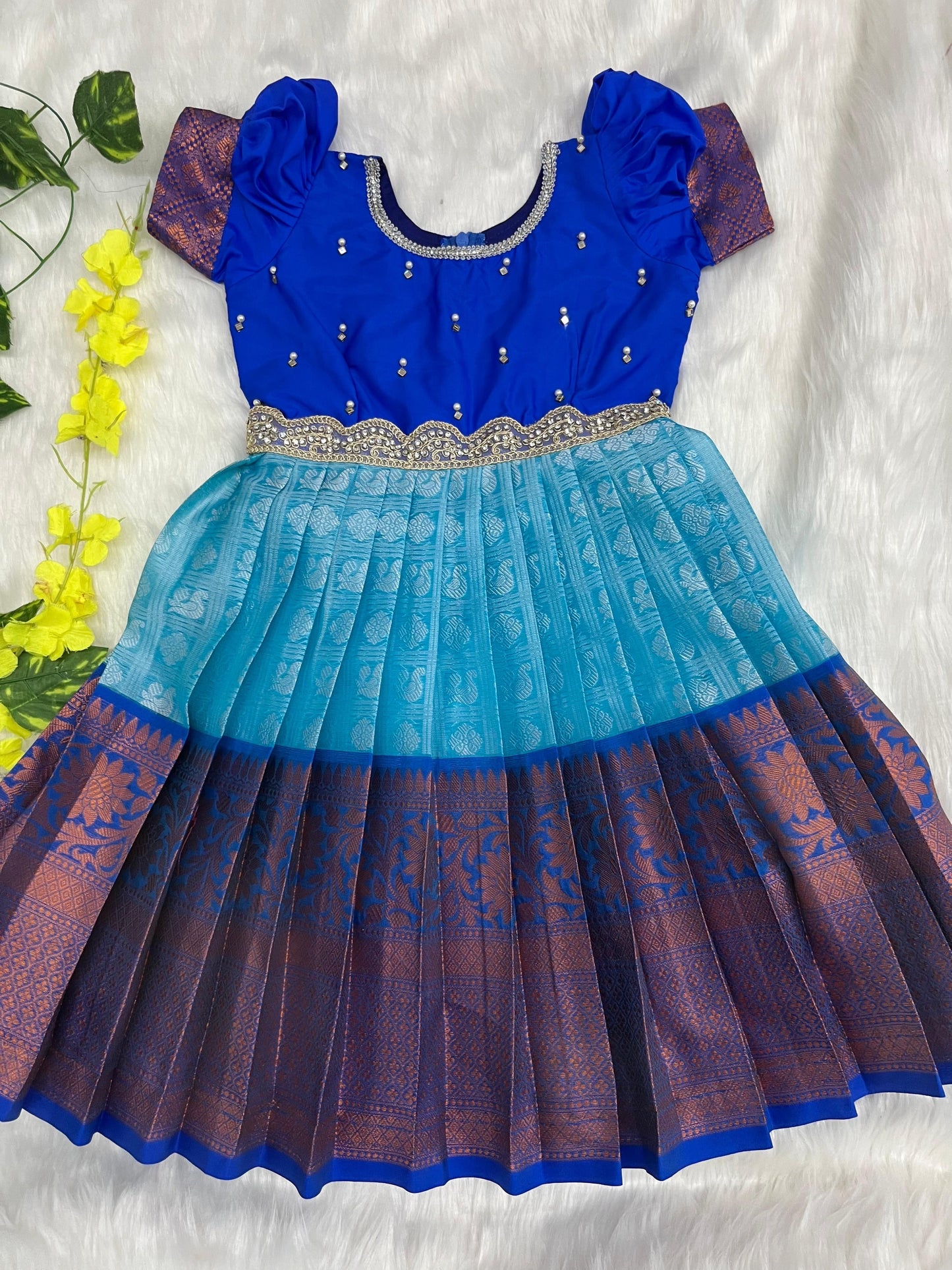 Blue Pattu Frock - Semi Silk