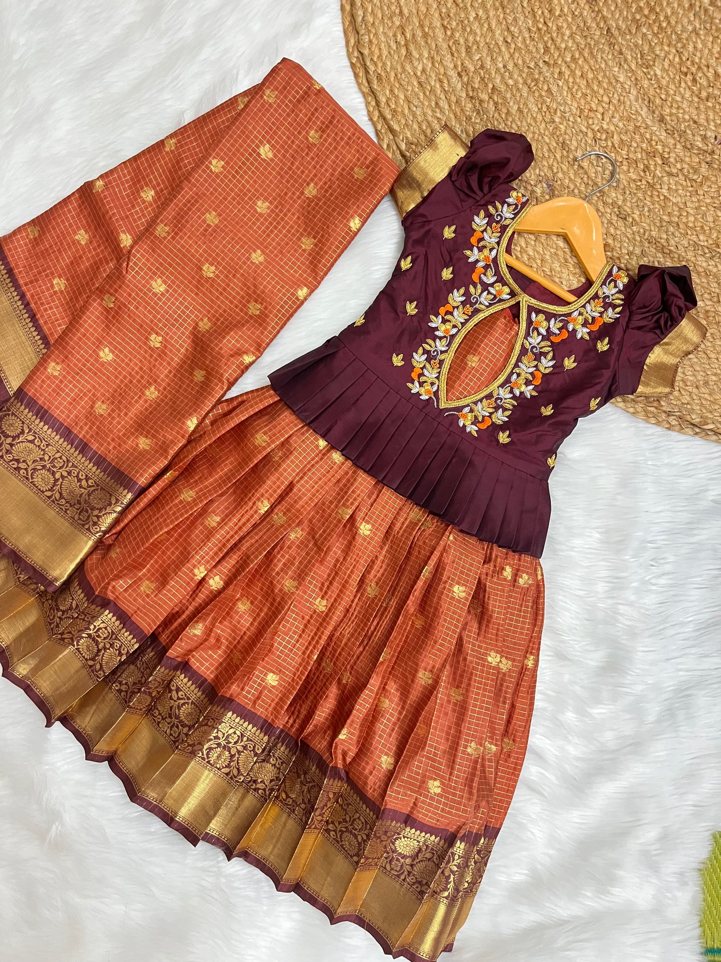 Premium Aari Work Pattu Lehenga - Brown