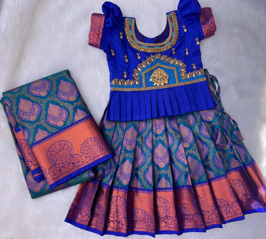 Royal Blue & Teal Style Pattu Pavadai Set