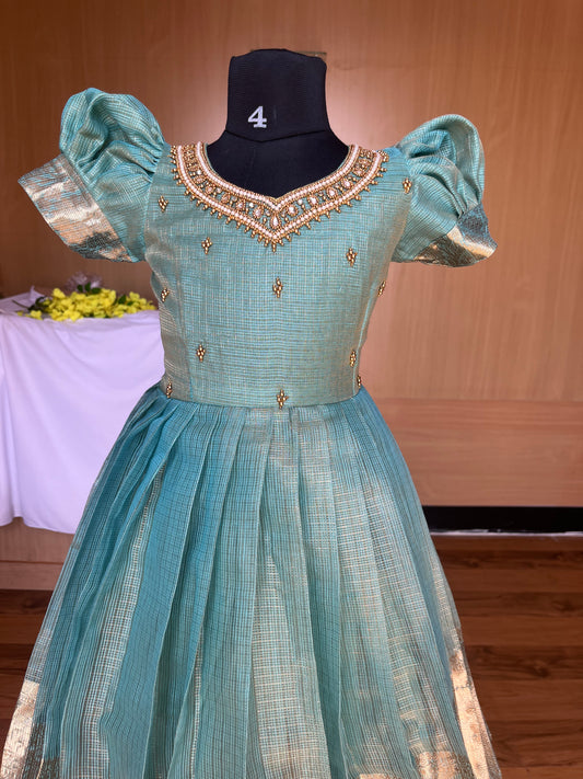 Ocean Blue Tissue Silk Lehenga with Puff Sleeves