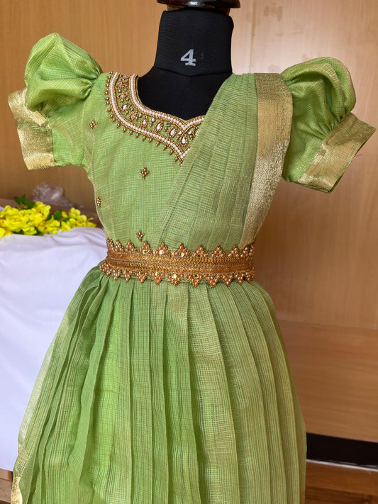 Elegant Green Tissue Silk Lehenga with Puff Sleeves