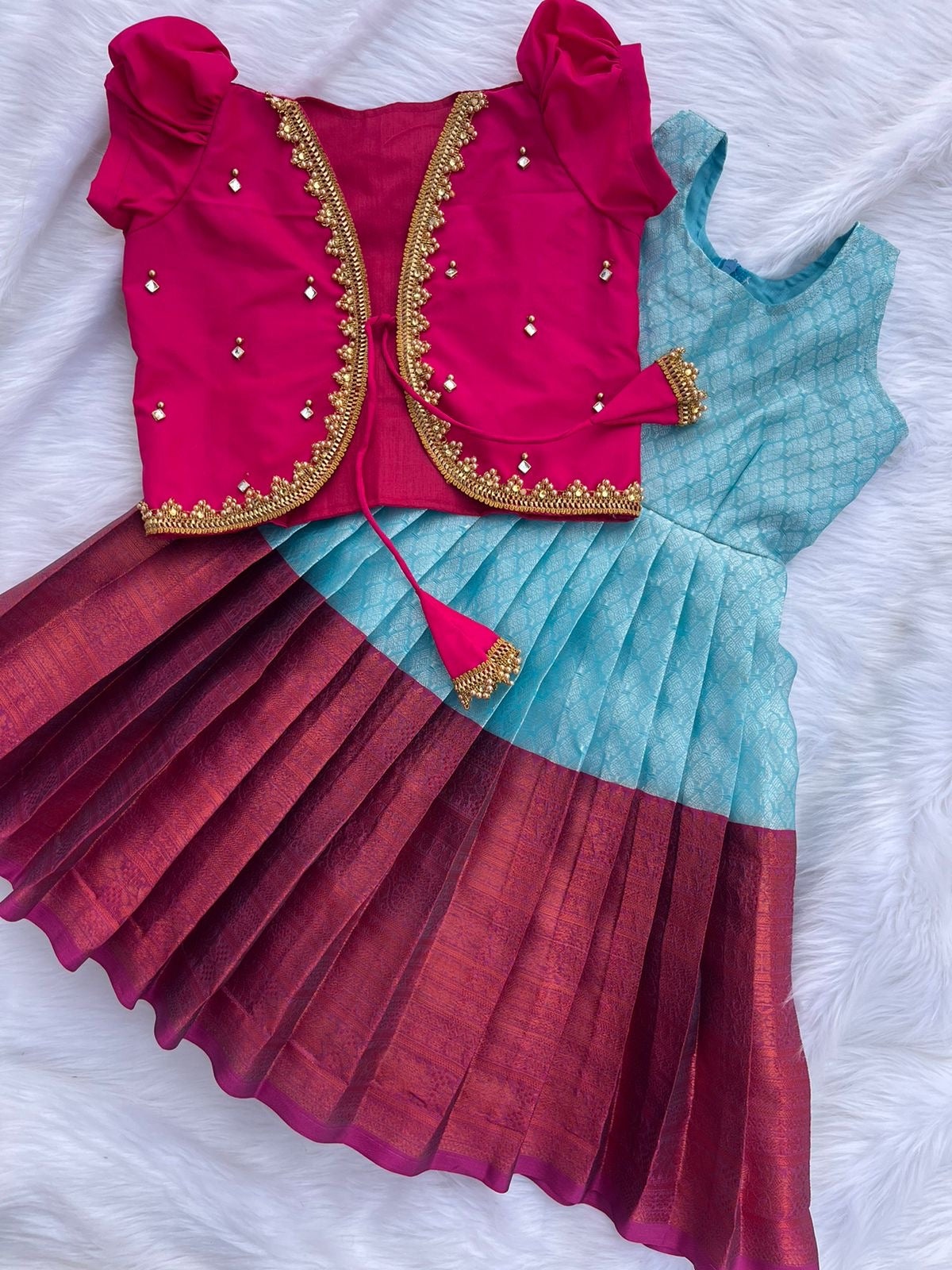 Teal and Rani Pink 2-in-1 Frock with Aari Work Overcoat