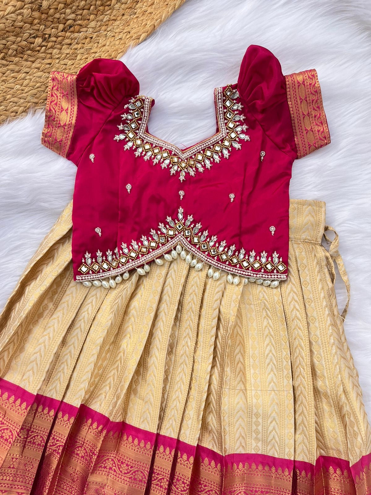 Hot Pink Blouse with Cream Gold Skirt