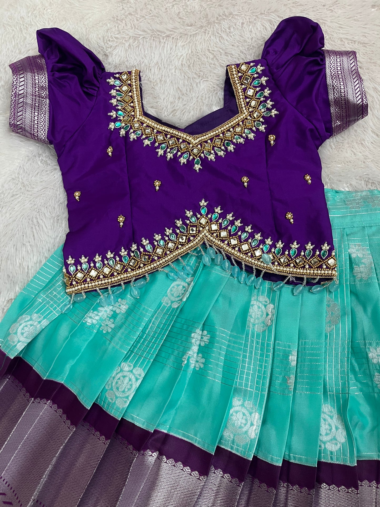 Teal Hand Work: Premium Aari Work Pattu Lehenga