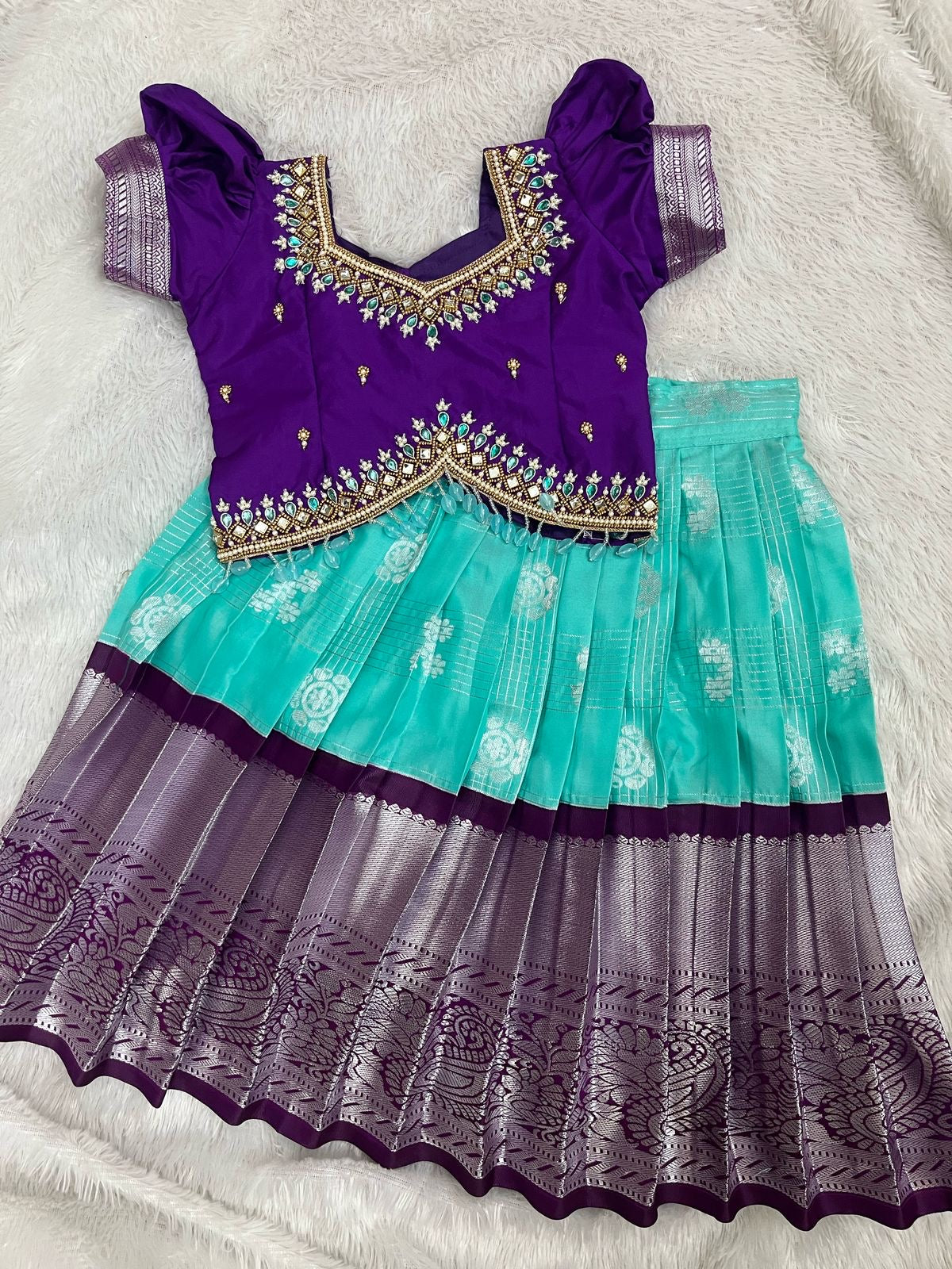 Teal Hand Work: Premium Aari Work Pattu Lehenga