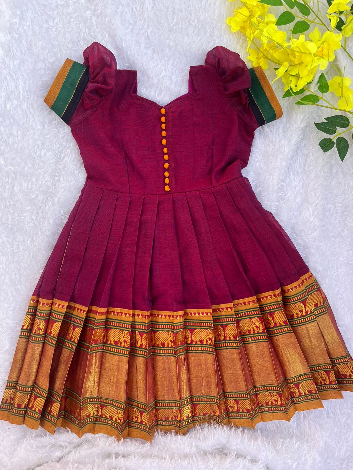 Traditional maroon Narayanapet Cotton Frock with Pleated Design