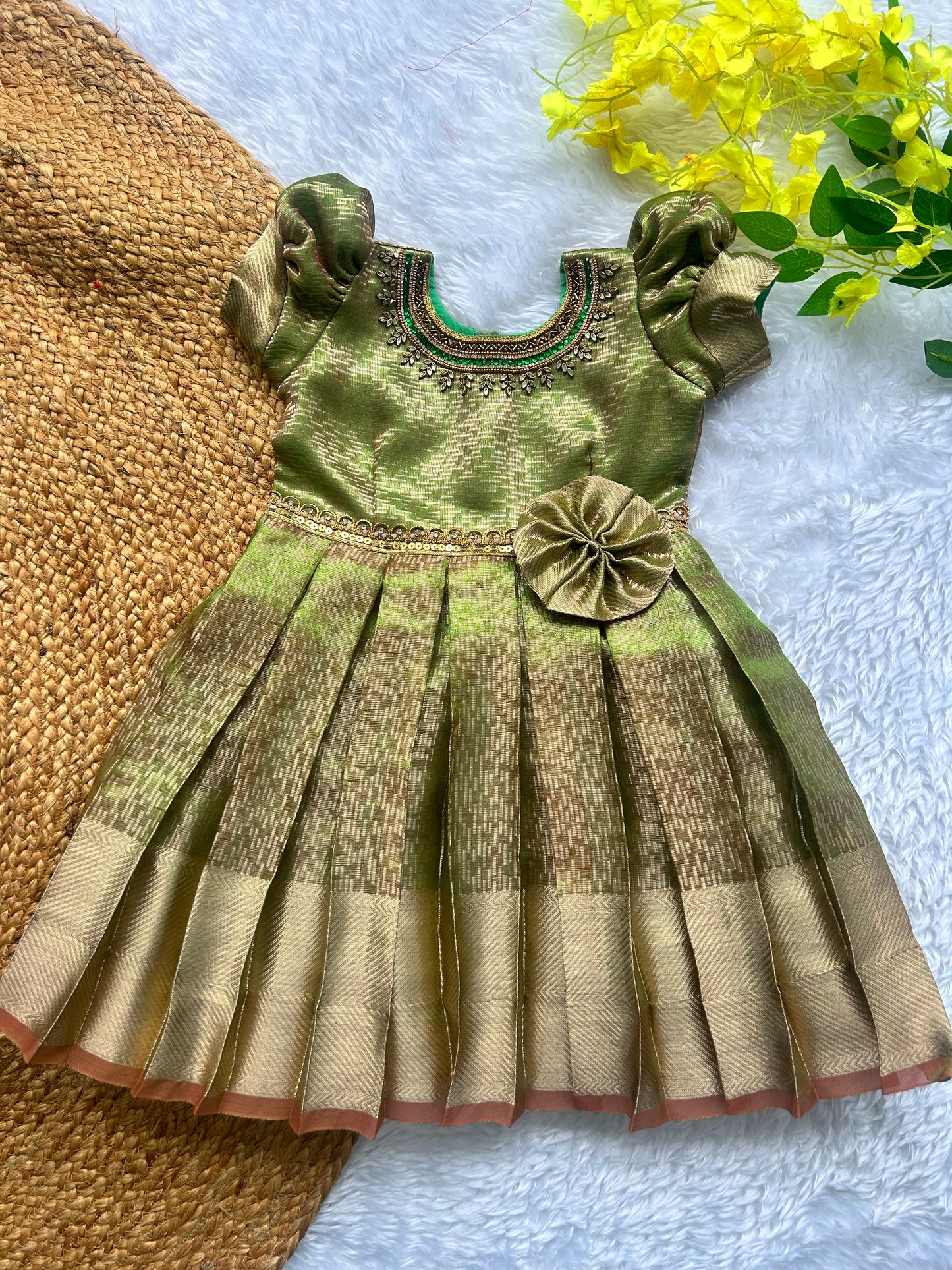 Green semi Silk Pleated Party Frock for Baby Girls