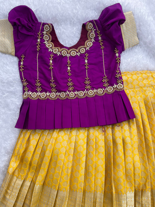 Grand Ensemble: Yellow Skirt, purple Top with Aari Work