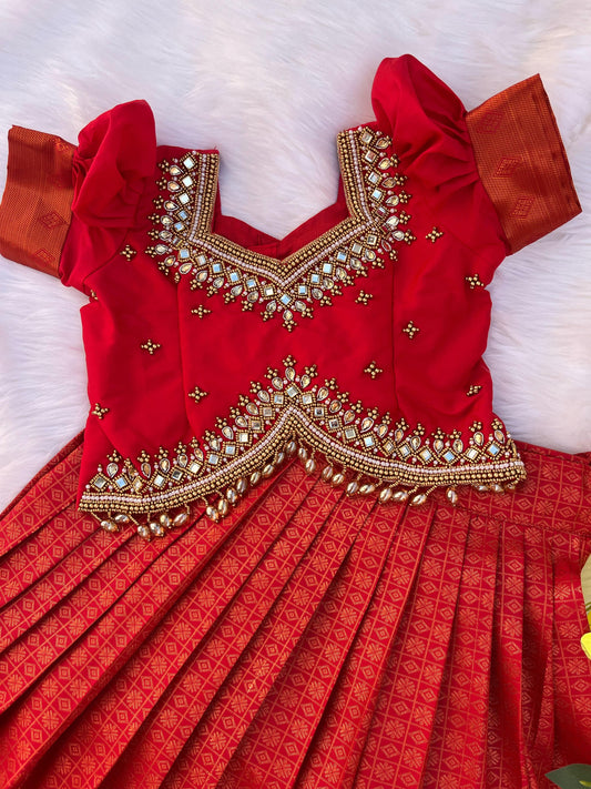 Elegant Red Kanchipuram Silk Lehenga for Girls