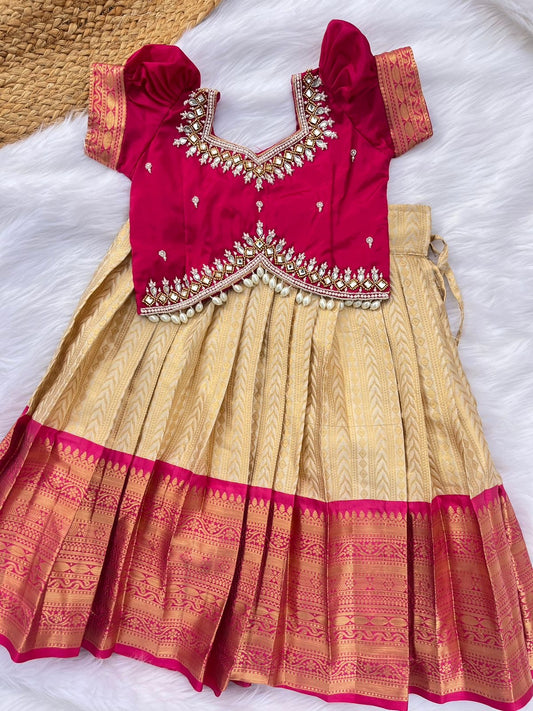 Hot Pink Blouse with Cream Gold Skirt