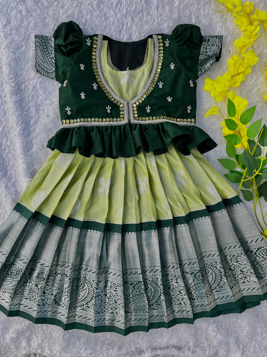 Elegant Green and Pastel Green Semi-Silk Kids Lehenga