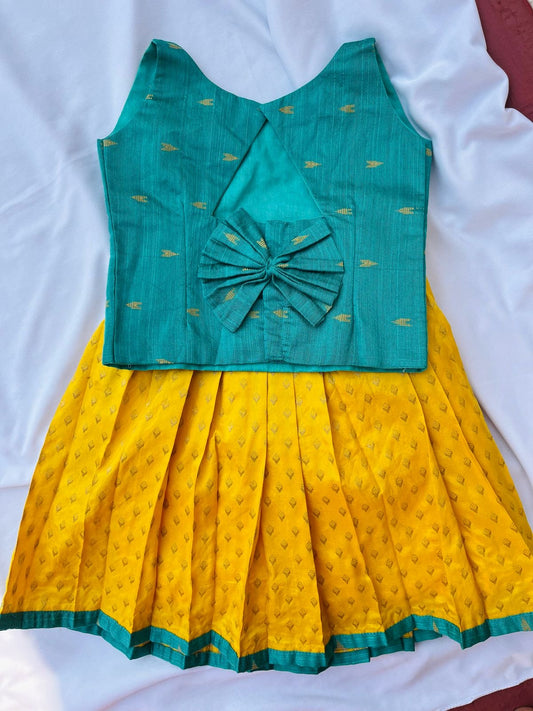 Sunshine Bloom Kids Pavadai Set - Mustard Yellow & Teal Green