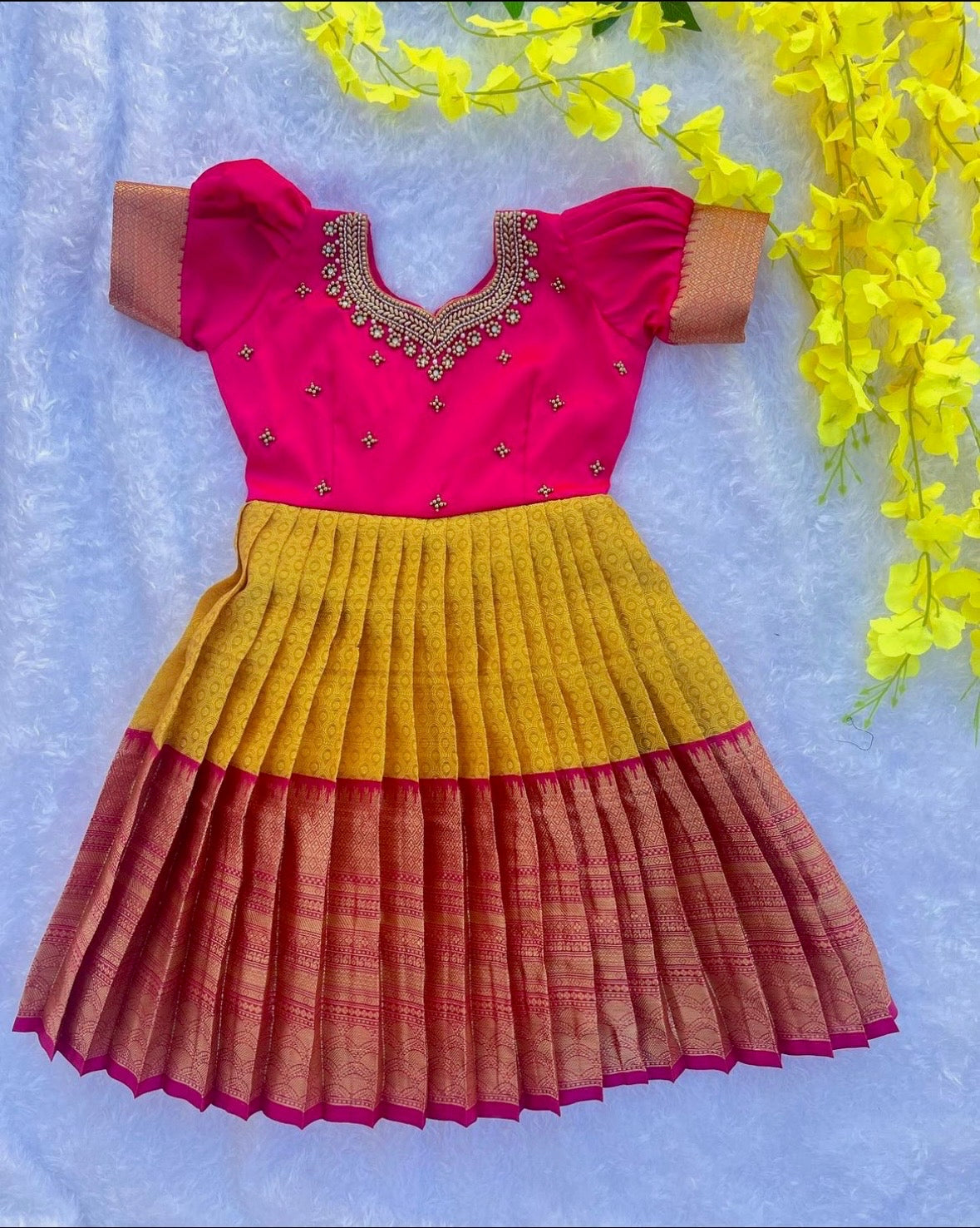 Yellow Delight Frock with pink top Kalas Couture India Yellow Delight Frock with pink top Kalas Couture India