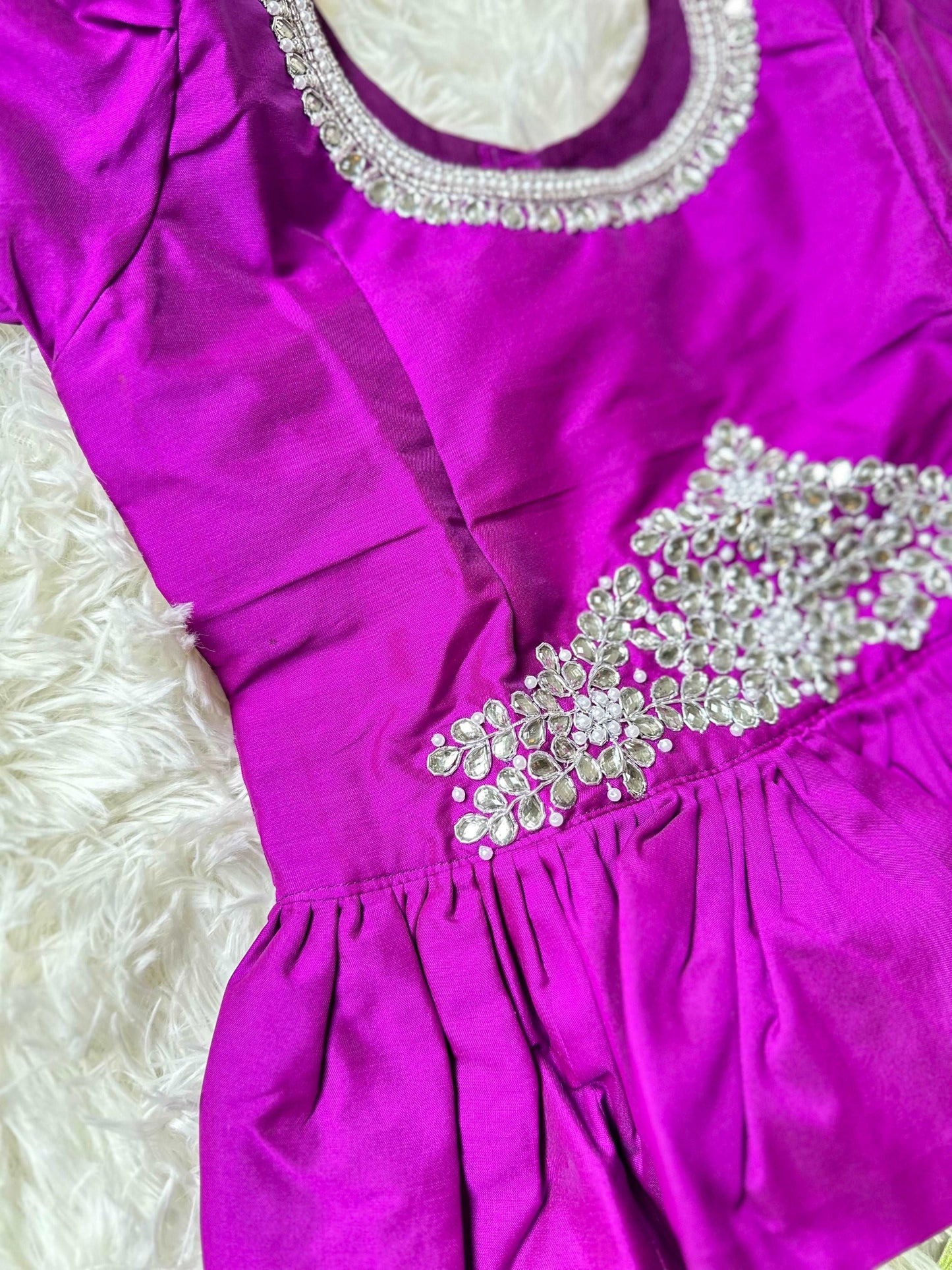 Chic Pista Green Skirt & Violet Peplum Top Set with Aari Worki