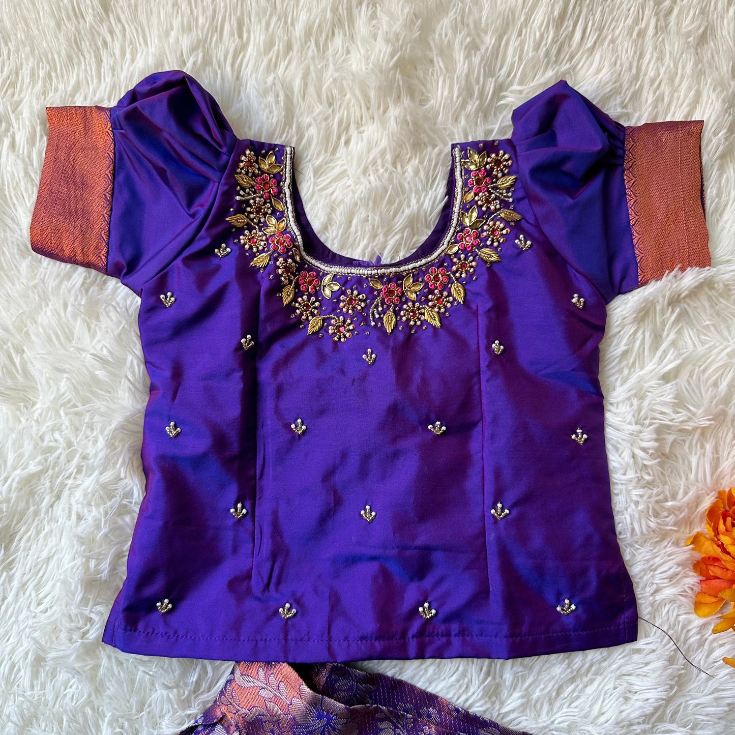 Dazzling Violet: Silver Zari Skirt and Aari Work Top in Luxurious Semi-Silk