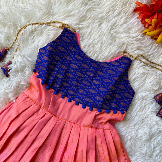 Peach Splendor: Royal Blue and Peach Semi-Silk Frock