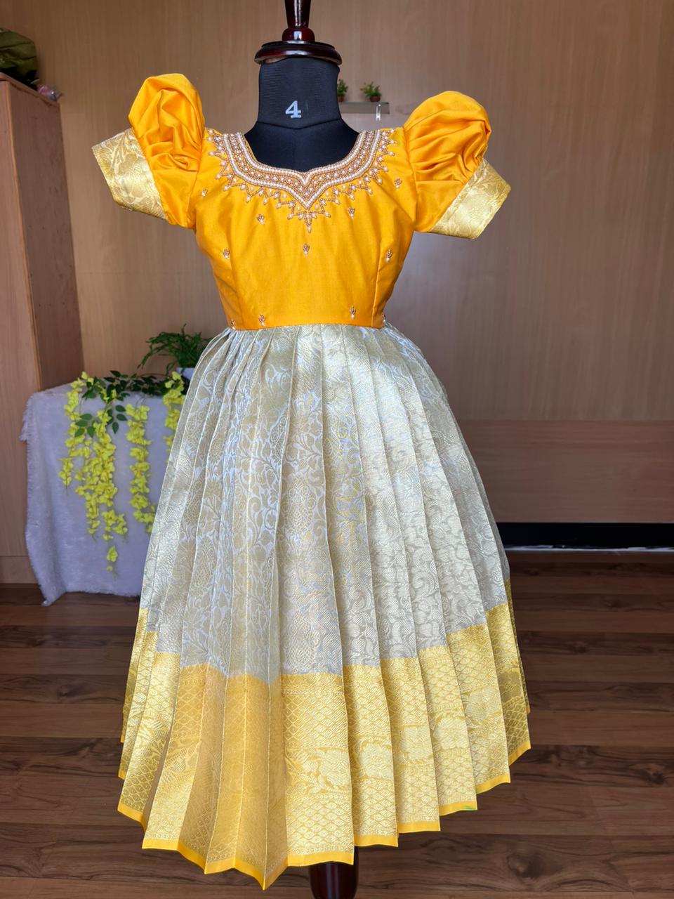 Stunning Beauty: Silver and Yellow Frock with Aari Work Kalas Couture India Stunning Beauty: Silver and Yellow Frock with Aari Work Kalas Couture India