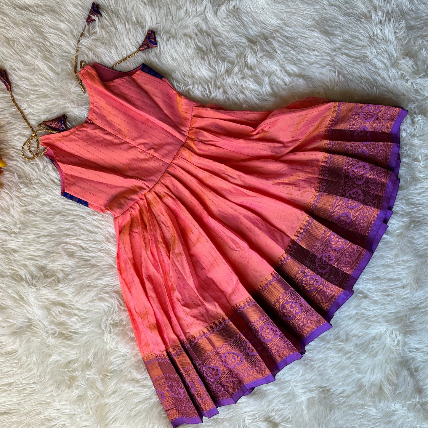 Peach Splendor: Royal Blue and Peach Semi-Silk Frock