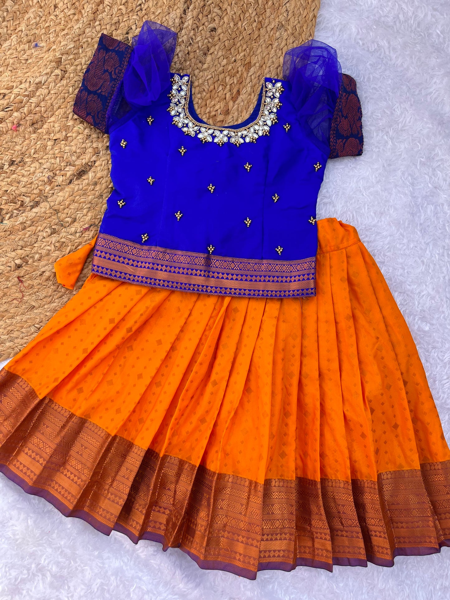 Vibrant Blue and Orange Girls Lehenga with Aari Work