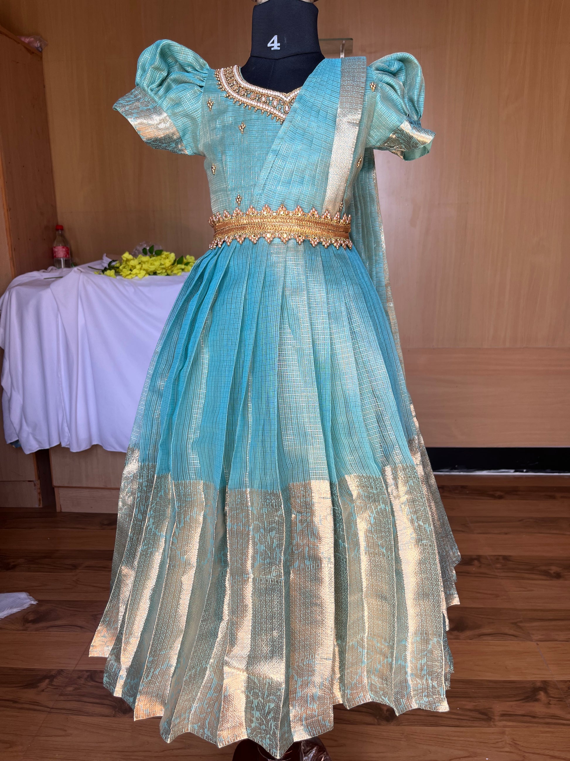 Ocean Blue Tissue Silk Lehenga with Puff Sleeves Kalas Couture India Ocean Blue Tissue Silk Lehenga with Puff Sleeves Kalas Couture India