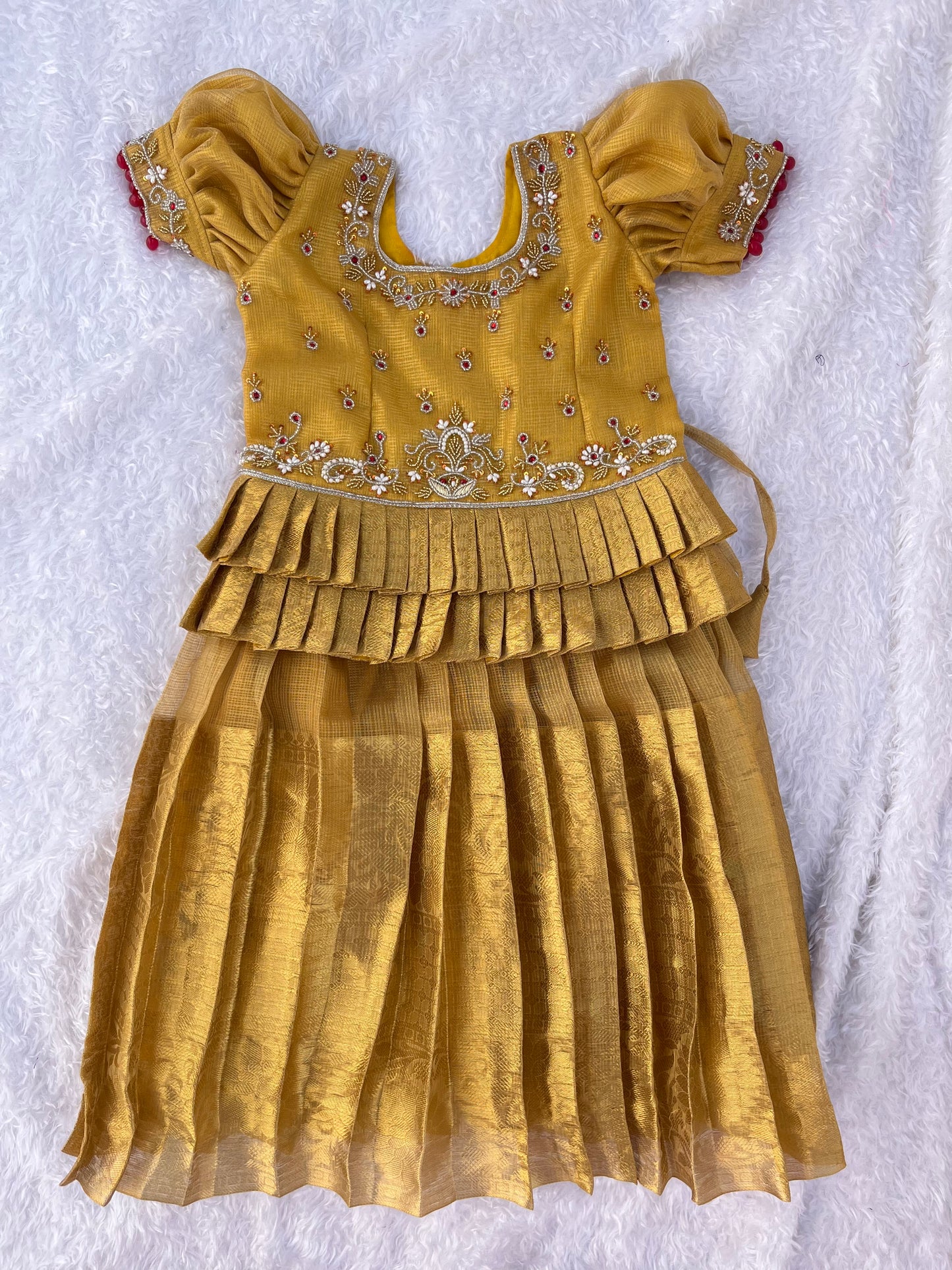 Gold Silk Pleated Lehenga for Girls