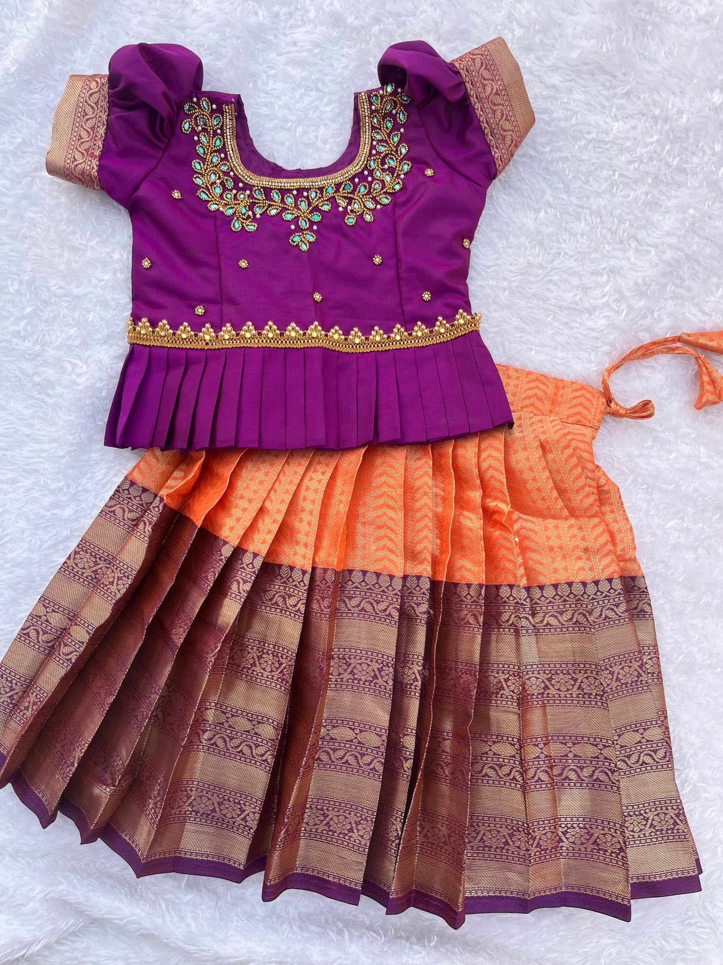 Purple and Orange Semi-Silk Kids Lehenga