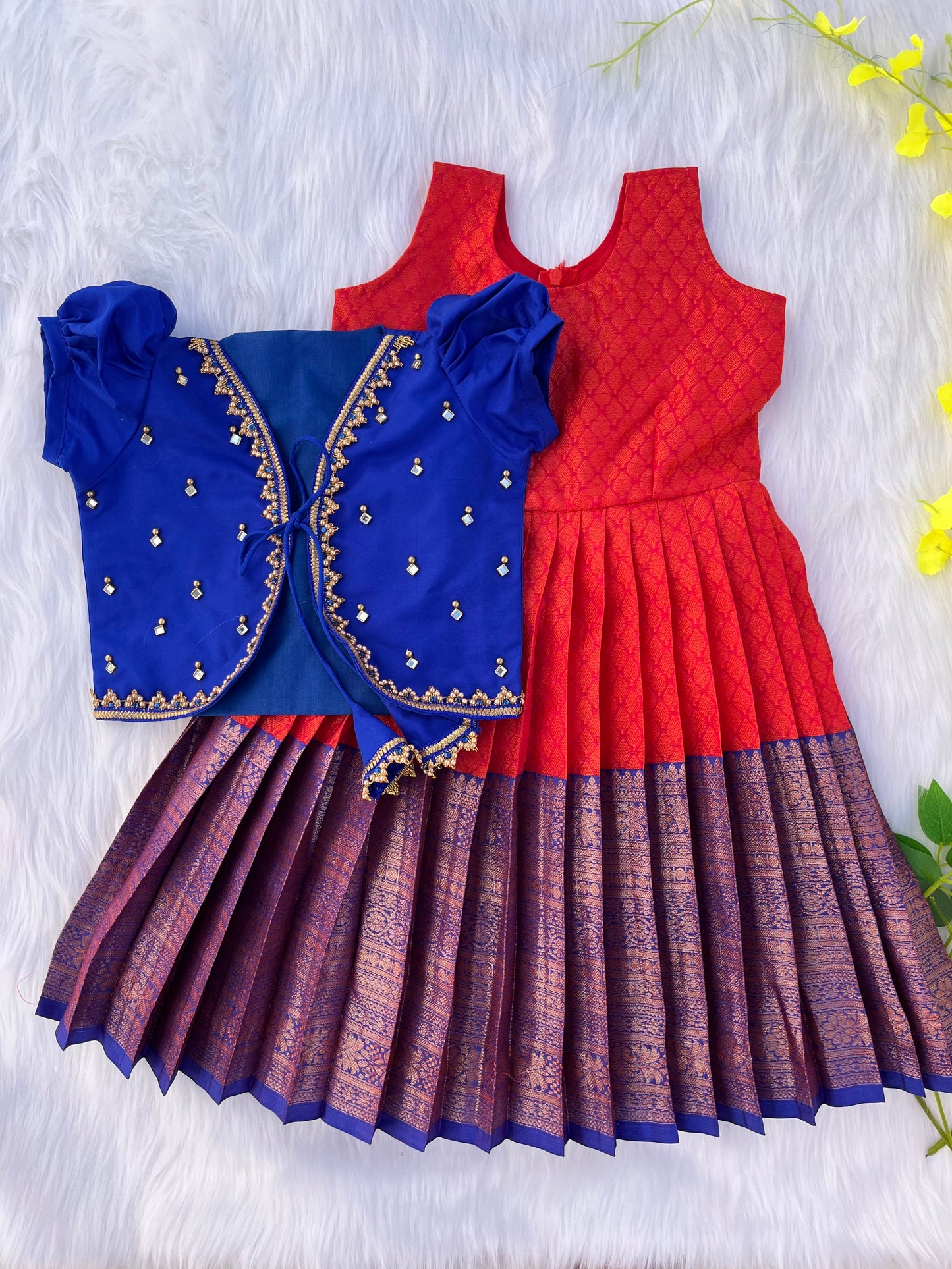 Red and Blue Semi-Silk Lehenga with Golden Zari