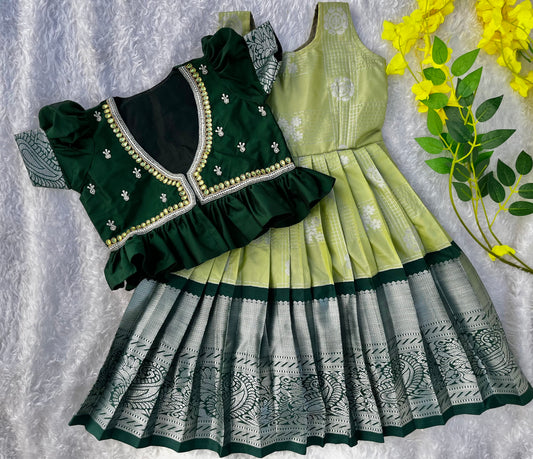 Elegant Green and Pastel Green Semi-Silk Kids Lehenga