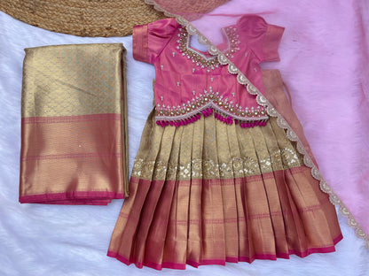 Premium Elegant Pink and Gold Kids Lehenga for Pongal