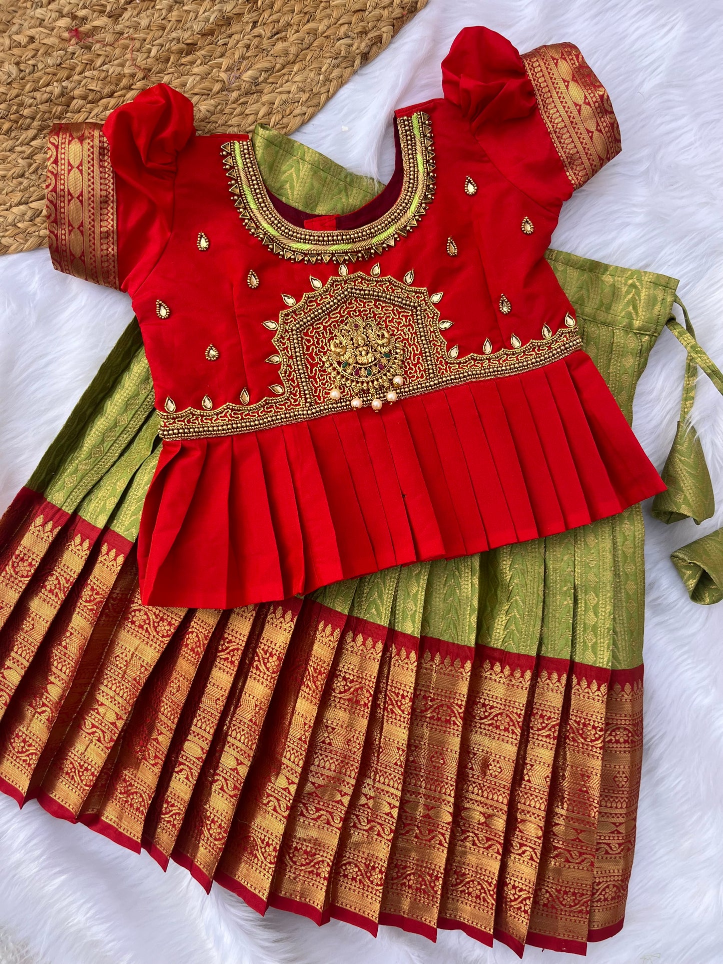 Classic Green and pink Aari work Lehenga