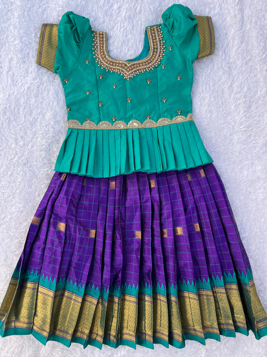 Turquoise and Purple Checked Semi-Silk Kids Lehenga