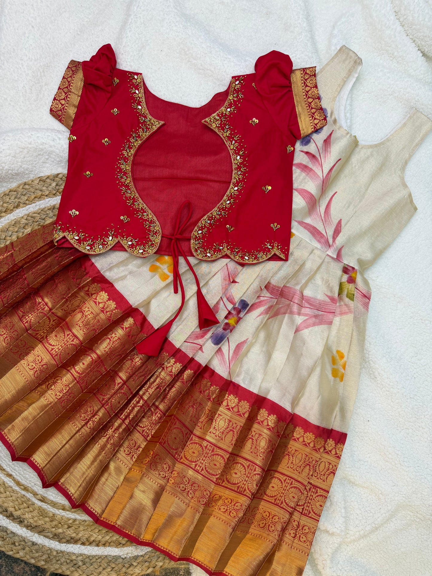 Elegant Red Embroidered Blouse with Tissue Silk