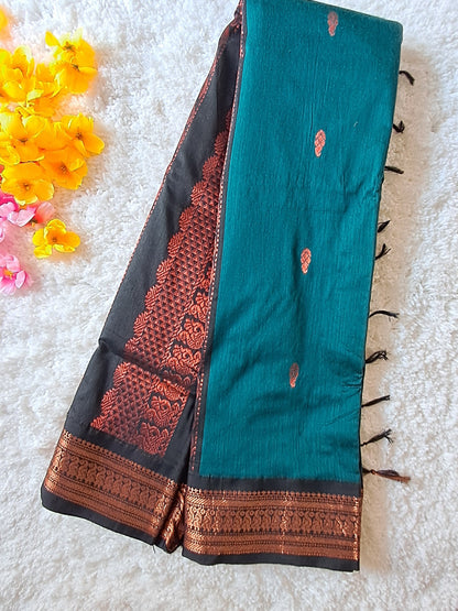 Emerald Elegance: Kalyani Cotton Saree in Rose Gold Accents