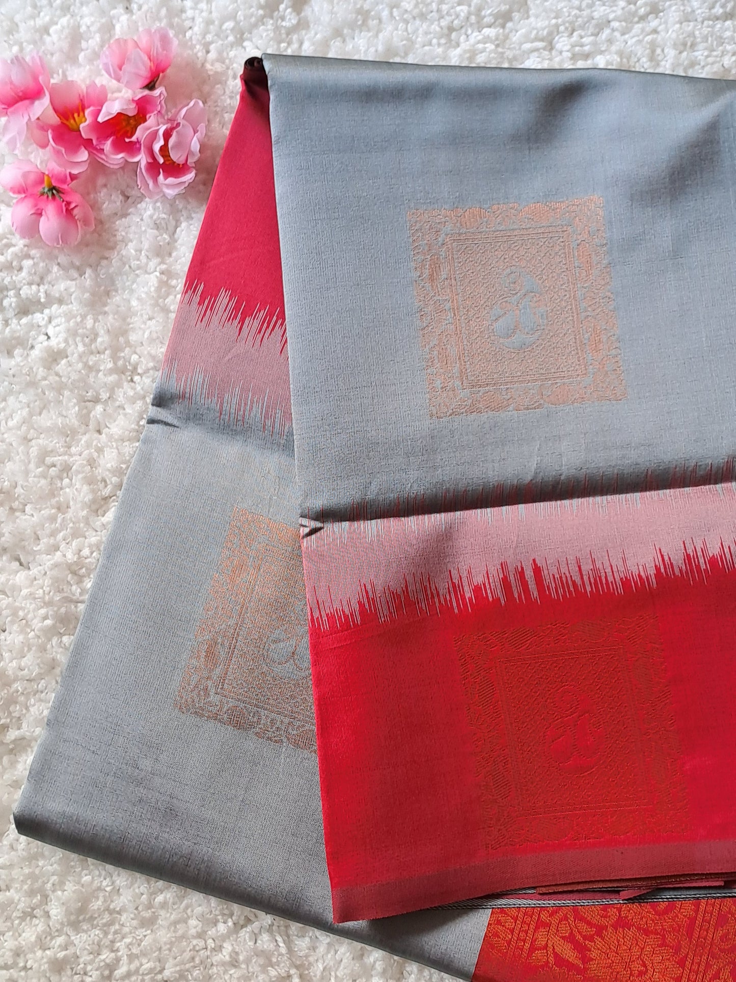 Graceful Gray and Red Soft Silk Saree