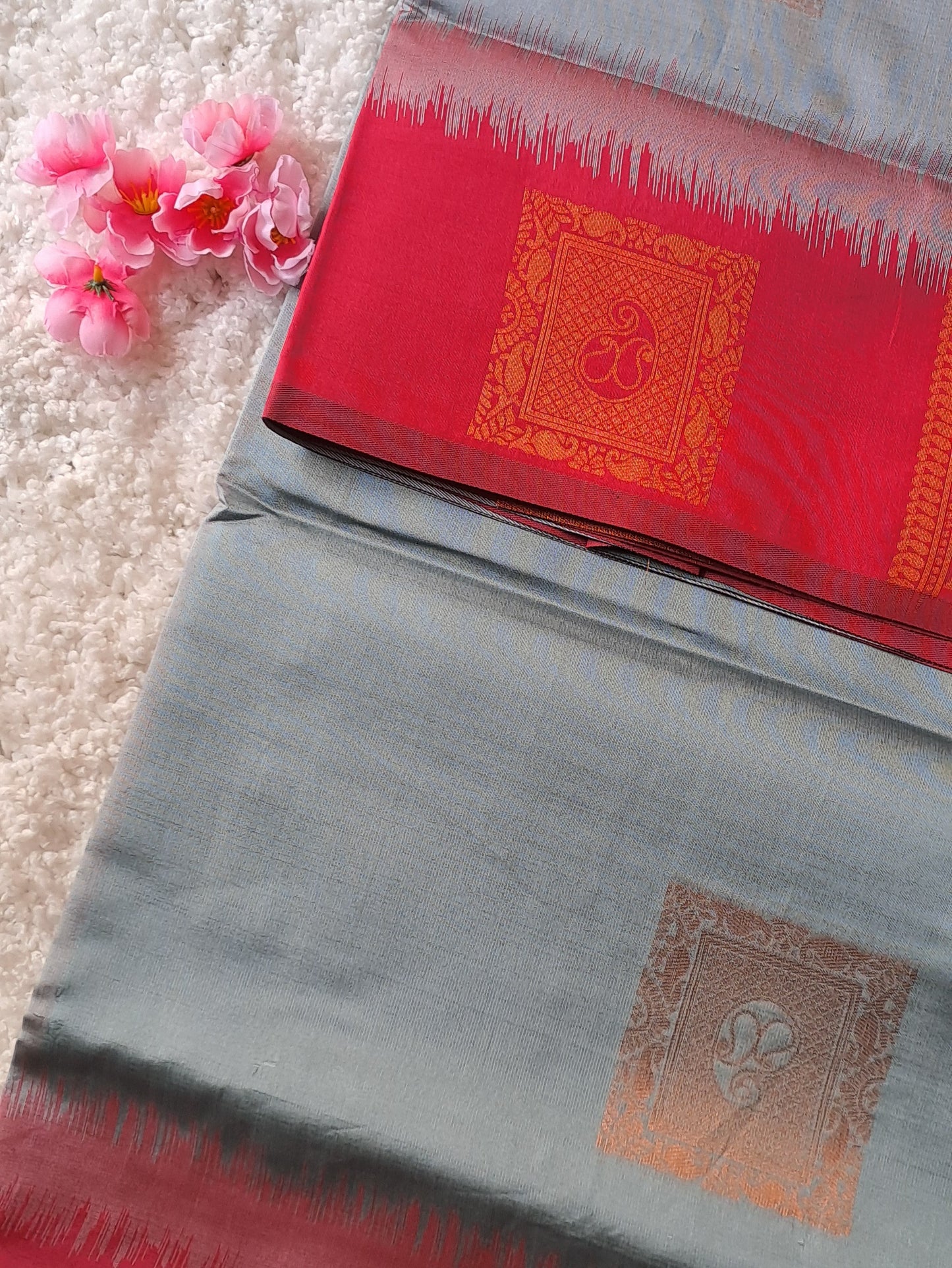 Graceful Gray and Red Soft Silk Saree