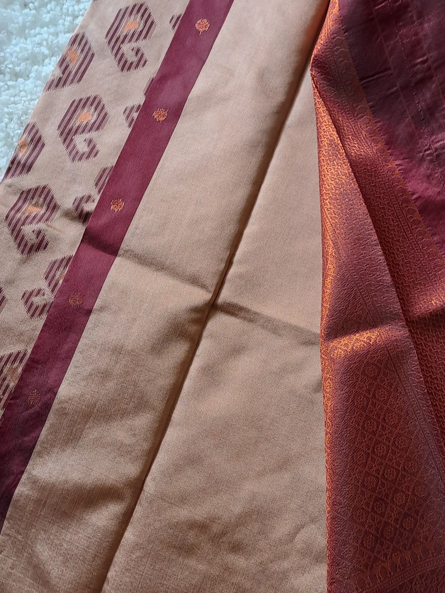 Classic Sandal and Maroon Soft Silk Saree